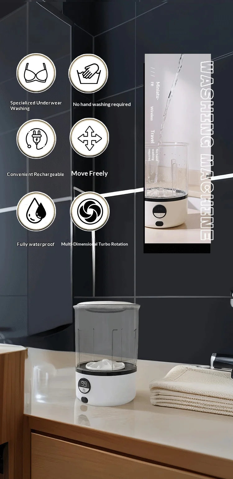 Mini Portable LED  Washing Machine 2L White 2000mAh Rechargeable Turbine Laundry Cup for Children’s Underwear Socks