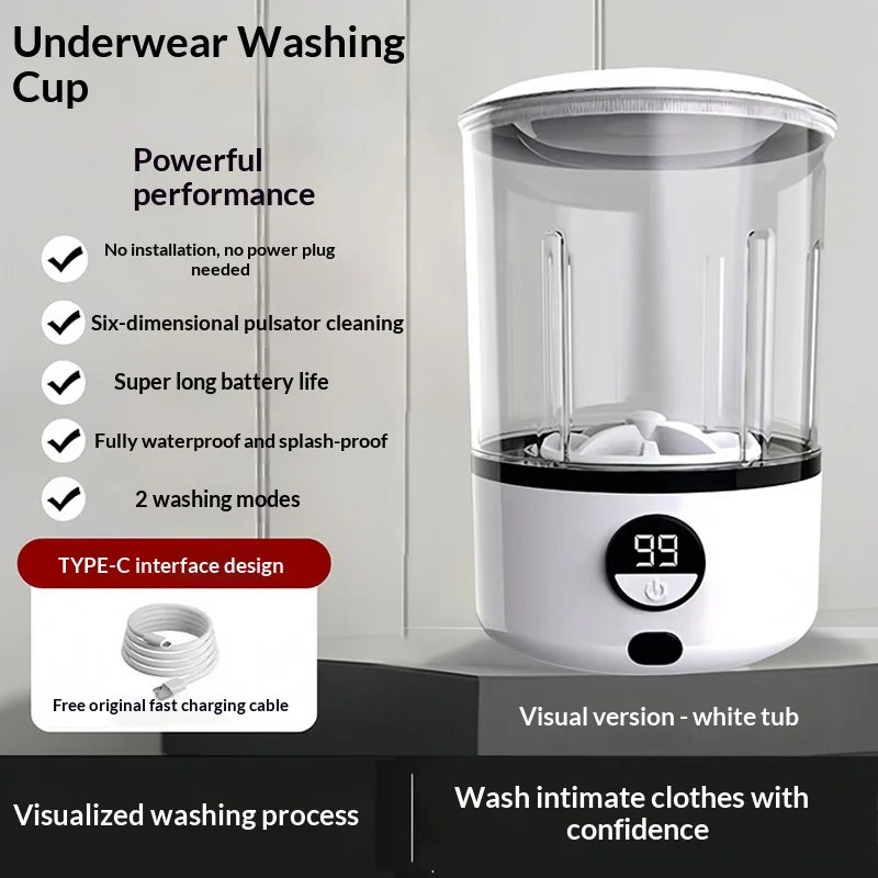 Mini Portable LED  Washing Machine 2L White 2000mAh Rechargeable Turbine Laundry Cup for Children’s Underwear Socks
